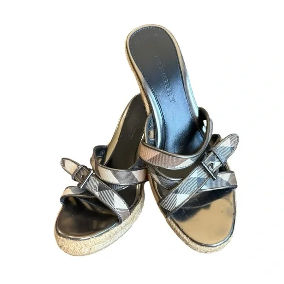 Burberry Nova Check Plaid Espadrille Wedge Sandal Heels Patent Leather 38/7.5-8 - Picture 7 of 12